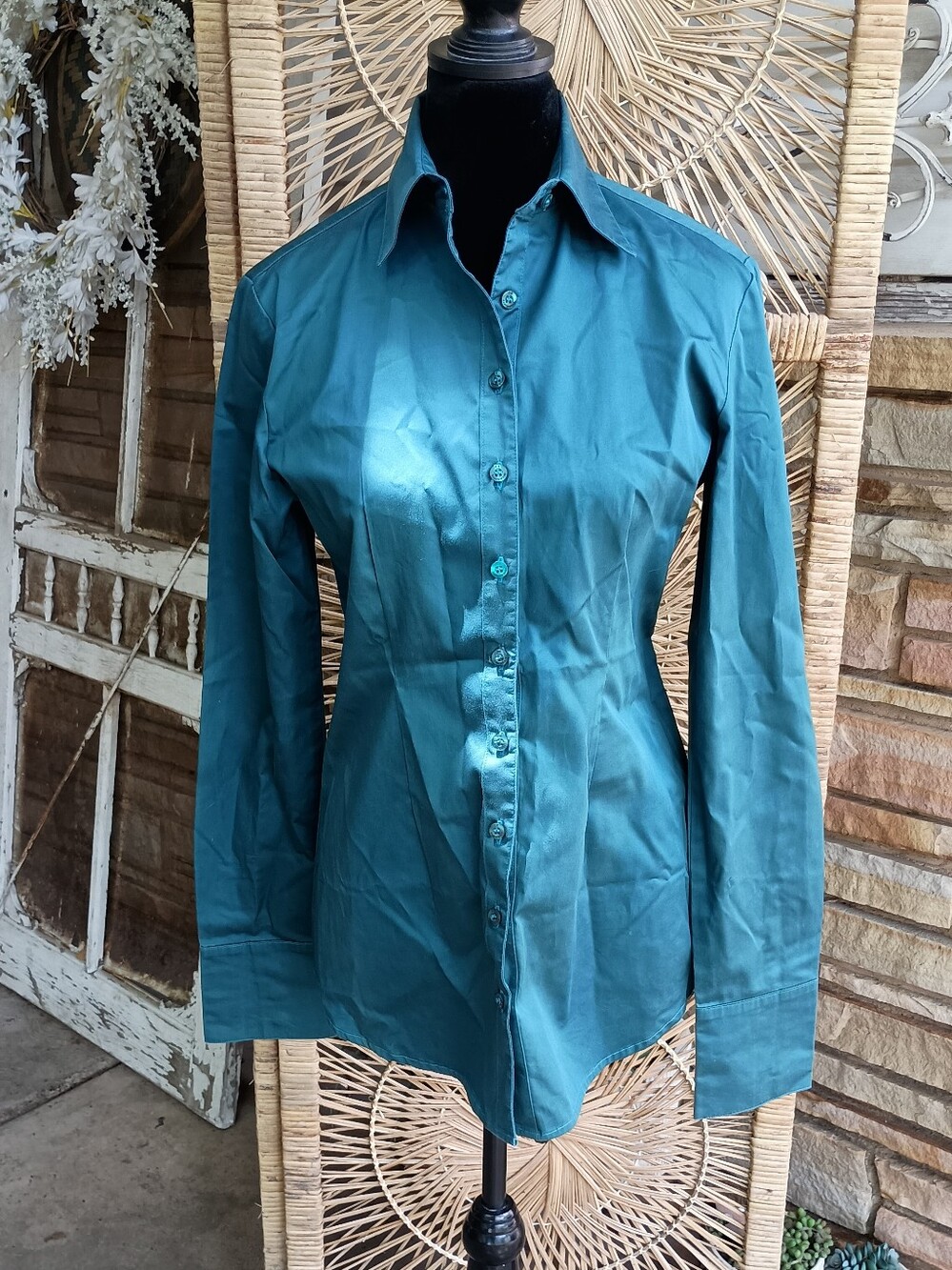 CR Ranchwear Women's 100% Cotton Teal Button-Front Long-Sleeve Shirt_S